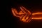 Close up 3D view of right hand holding left hand with light fire glowing effect. Concept of please