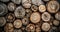 Close up of an abstract pattern with round woodpiles. View of a pile of wooden logs.