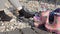 Close Up Adult & Child Nosily Scraping Gravel with Shoes off Socks on (audio)