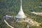 Close up aerial view of Jested tower transmitter near Liberec in Czechia