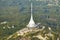 Close up aerial view of Jested tower transmitter near Liberec in Czechia