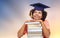 Close up of african graduate student with books