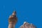 Close up of Afyon Kalesi with pigeons birds and minaret
