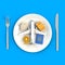 Close up of airplane passport compass and hat suitcase  on plate, knife and fork concept illustration on blue background