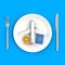 Close up of airplane passport compass on plate, knife and fork concept illustration on blue background