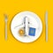 Close up of airplane passport compass on plate, knife and fork concept illustration on yellow background