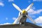 Close up of airplane turboprop engine with propeller