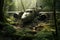 close-up of airplane wreckage in a forest clearing