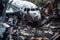 close-up of airplane wreckage with scattered debris