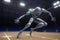 close-up of alien athlete jumping for the ball in futuristic sports arena