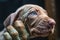 close-up of alien hand, with strange textures and colors, touching the head of a curious puppy