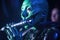 close-up of alien musician, playing flute at lively concert