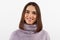 Close-up alluring happy smiling brunette woman in a purple sweater looking forward to exciting event, grinning joyfully