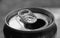 Close up of aluminum can on a top view, soda can white and black. Open can