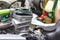 Close up aluminum cylinder head of 4 stroke engine of sport go kart racing mini car