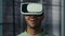 Close-up amazed african american man with VR glasses playing video game in digital metaverse world male gamer