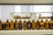 Close up amber color bottles in laboratory. Amber bottle for storing scientific samples
