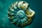 Close up of Ammonite Fossil Shell on Deep Blue Background Marine Paleontology Detail