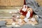 Close up Ancient casket for jewelry with collection of different seashells on wooden table