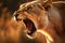 Close-up of an angry roaring lion ready to attack. Generative AI