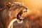 Close-up of an angry roaring lion ready to attack. Generative AI