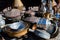 Close up of antique brass jugs and dishes