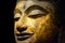 Close up of antique bronze Buddha face isolated on black background, clipping path