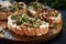 Close-up of appetizing bruschetta cream cheese and fried champignon mushrooms