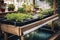 close-up of aquaponics system, with water flowing and plants growing