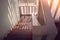 Close up architecture of vintage wooden staircase inside of wooden house.