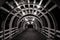 Close up architecture of wooden tunnel in outdoor garden at night time.