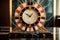 close-up of an art deco-inspired clock on a marble table