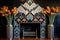 a close-up of an art deco-inspired fireplace with intricate tile work