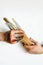 Close Up of an artist/painter hands holding paint brushes