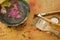 Close up Artist workstation wooden paint mixing bowl paint brushes on a wooden paint pallete