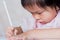 Close up Asian girl learning homeschool. Education of kindergarten child concept. Kid aged 4-5 years old