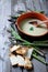 Close up of asparagus soup with croutons