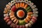 Close-up of assorted sushi pieces arranged in a circular pattern, showcasing the artful presentation