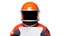 Close-up of an astronaut wearing orange spacesuit and helmet holding a blank sign, isolated on white background. Sci fi themes.