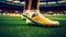 Close-up of Athlete\\\'s Feet in Soccer Shoes, Training on the Football Field. created with Generative AI