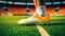 Close-up of Athlete\\\'s Feet in Soccer Shoes, Training on the Football Field. created with Generative AI