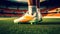 Close-up of Athlete\\\'s Feet in Soccer Shoes, Training on the Football Field. created with Generative AI