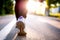 Close-up of Athlete shoes while running in park. Fitness concept