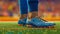 Close-up of a athletes feet in soccer shoes. Generative AI.