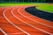 Close-up of athletics tracks in the Olympic sports stadium without people. Track race