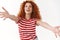 Close-up attractive charismatic curly redhead woman embracing summer vibes come closer camera stretch arms forward