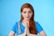 Close-up attractive tender redhead woman asking pretty please, supplicating, hold hands pray, namaste gesture, look