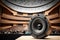 close-up of audio speaker on stage, with view of concert hall in the background