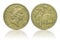 Close up - Australian dollar coins islated on white background with clipping path. Reflection coin on white background. I