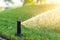 Close-up automatic garden watering system with different sprinklers installed under turf. Landscape design with lawn hills and